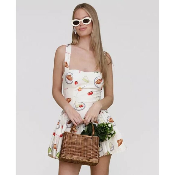 Avec Les Filles Size 2 Printed Drop-Waist Flounce Romper Dress Ivory Tabletop - Picture 8 of 12